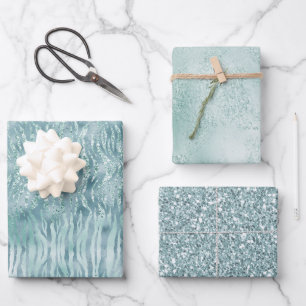 Aqua Mint Zebra Print Confetti Glitter Wrapping Paper Sheet