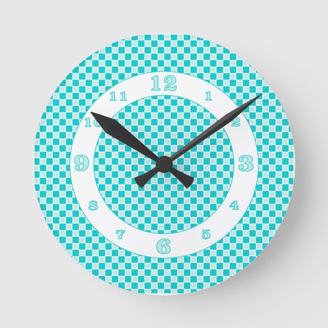 Aqua Monochromatic Checks Round Clock (Front)