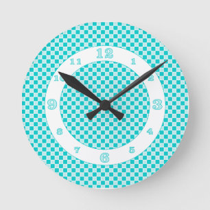 Aqua Monochromatic Checks Round Clock