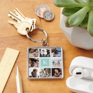 Aqua Monogram 8 Photo Collage Key Ring