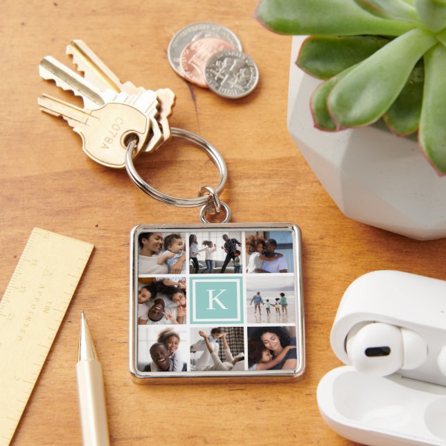 Aqua Monogram 8 Photo Collage Key Ring (Desk)