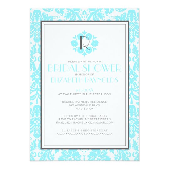 Aqua Monogram Damask Bridal Shower Invitations