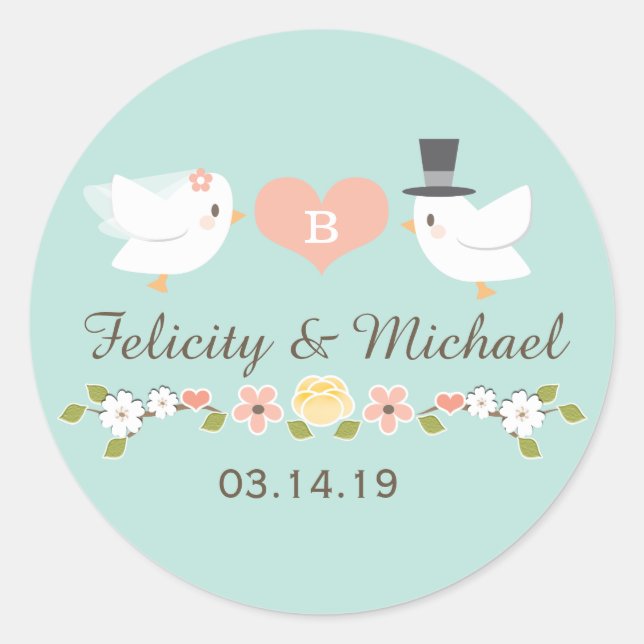AQUA MONOGRAM DOVE LOVE BIRDS WEDDING CLASSIC ROUND STICKER (Front)
