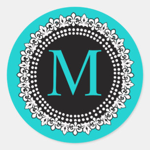 Aqua Monogram M Fleur de lis Wedding Sticker