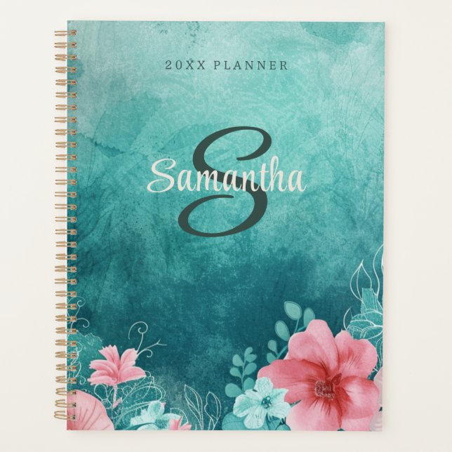 Aqua Monogram Monogrammed Name 2025 Weekly Planner (Front)
