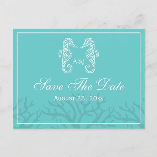 Aqua Monogram Seahorse Save The Date Postcards (Front)