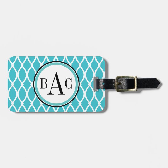 Aqua Monogrammed Barcelona Print Luggage Tag (Front Horizontal)