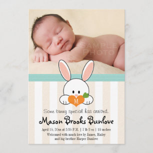 AQUA MONOGRAMMED BUNNY RABBIT BIRTH ANNOUNCEMENT