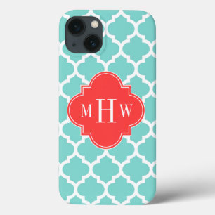 Aqua Moroccan #5 Coral Red 3 Initial Monogram iPhone 13 Case