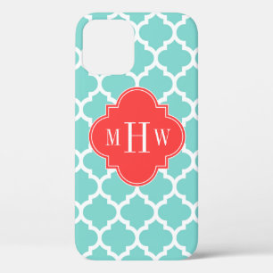 Aqua Moroccan #5 Coral Red 3 Initial Monogram iPhone 12 Case