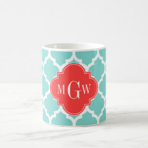 Aqua Moroccan #5 Coral Red 3 Initial Monogram Coffee Mug