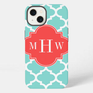 Aqua Moroccan #5 Coral Red 3 Initial Monogram iPhone 13 Case