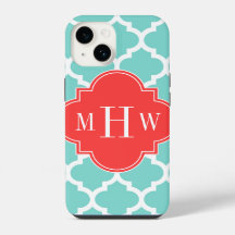 Aqua Moroccan #5 Coral Red 3 Initial Monogram