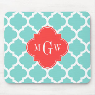 Aqua Moroccan #5 Coral Red 3 Initial Monogram Mouse Mat