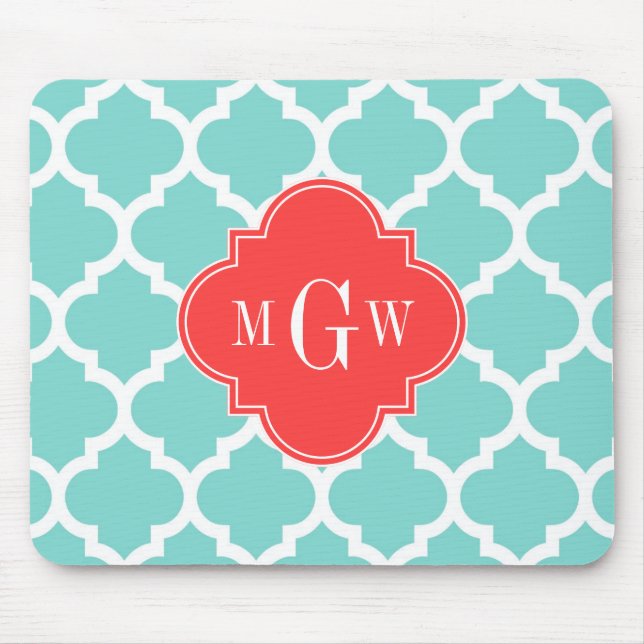 Aqua Moroccan #5 Coral Red 3 Initial Monogram Mouse Mat (Front)