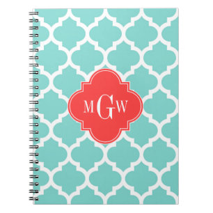 Aqua Moroccan #5 Coral Red 3 Initial Monogram Notebook