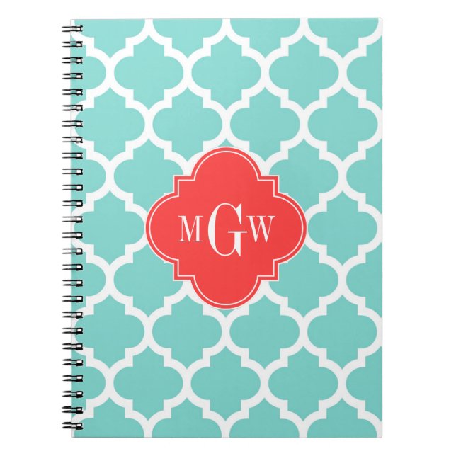 Aqua Moroccan #5 Coral Red 3 Initial Monogram Notebook (Front)