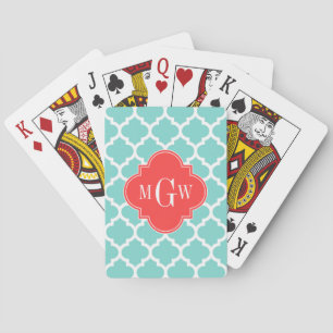 Aqua Moroccan #5 Coral Red 3 Initial Monogram Playing Cards