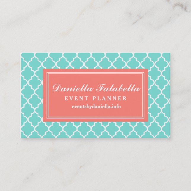 Aqua Moroccan Tiles Lattice Personalised Business Card (Front)