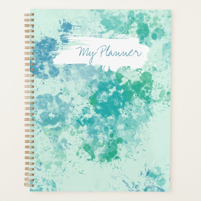 Aqua Multicolor Splatter Design Spiral Planner (Front)