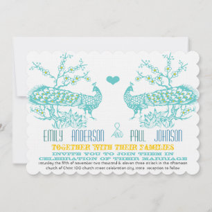 Aqua & Mustard Yellow Peacock Wedding Invitations