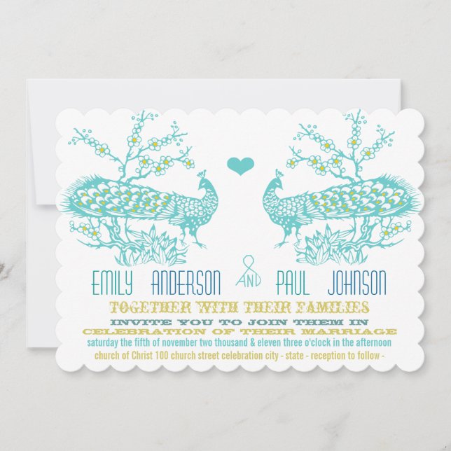 Aqua & Mustard Yellow Peacock Wedding Invitations (Front)