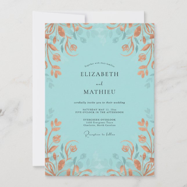 Aqua Muted Terracotta Leafy Wedding Invitation (Front)