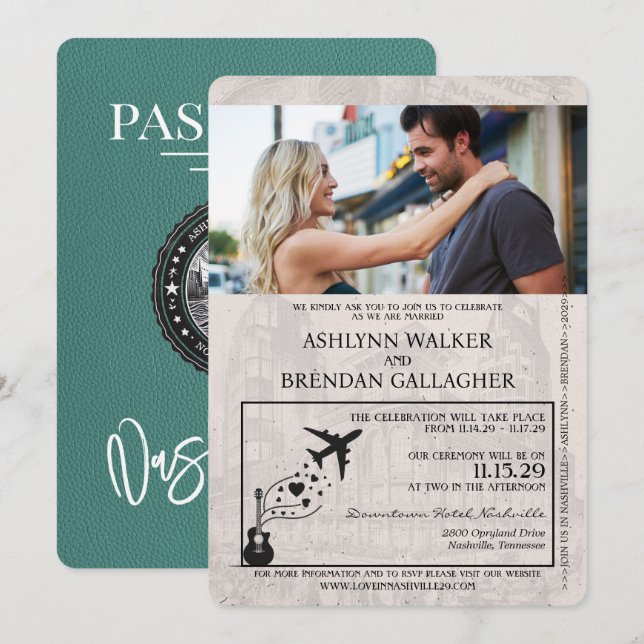 Aqua Nashville Passport Wedding Invitation (Front/Back)