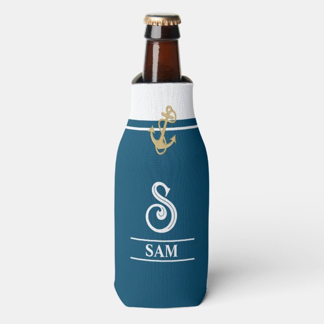Aqua Nautical Monogrammed Bottle Cooler (Bottle Front)