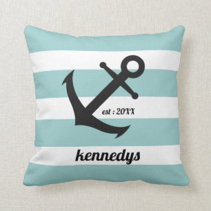 Aqua Nautical Stripes Anchor Family Name Cushion