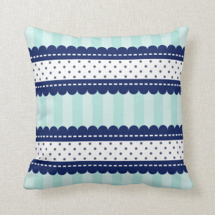 Aqua  Navy Blue Stripes And Polka Dots Pattern Cushion