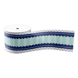 Aqua Navy Blue Stripes And Polka Dots Pattern Grosgrain Ribbon