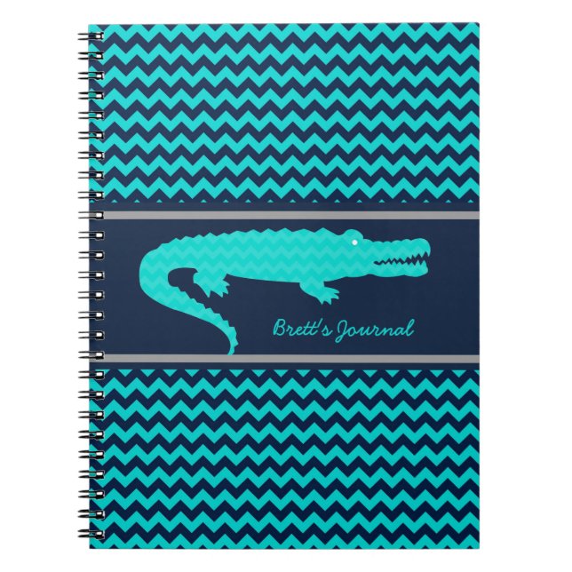 Aqua/Navy Gator on Chevron Personalised Notebook (Front)