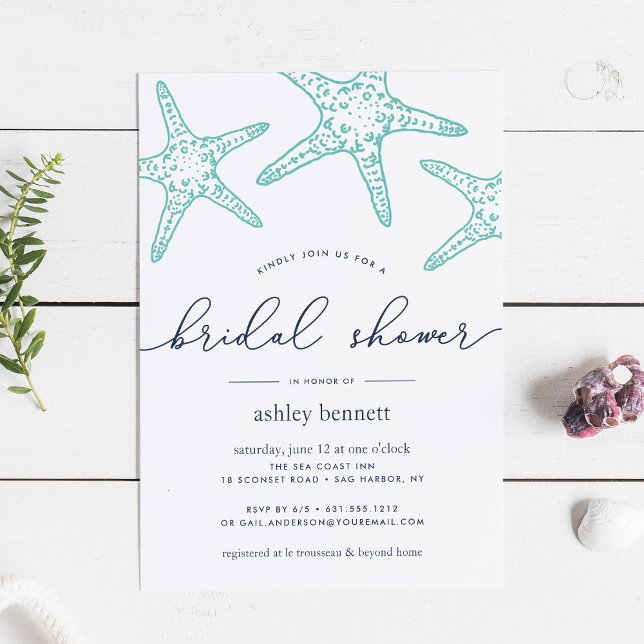Aqua & Navy Starfish Bridal Shower Invitation (Creator Uploaded)