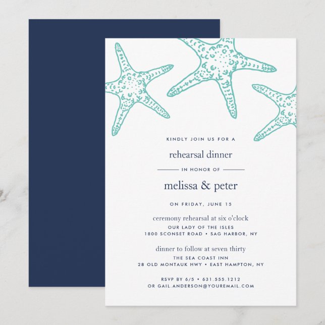 Aqua & Navy Starfish Rehearsal Dinner Invitation (Front/Back)
