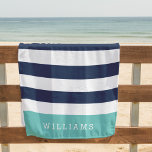 Aqua & Navy Stripe Personalized Beach Towel<br><div class="desc">Preppy chic personalized beach towel in aqua and navy features classic wide navy blue and white stripes,  with your name or choice of personalization along the bottom in bold white lettering on a band of summery turquoise teal.</div>