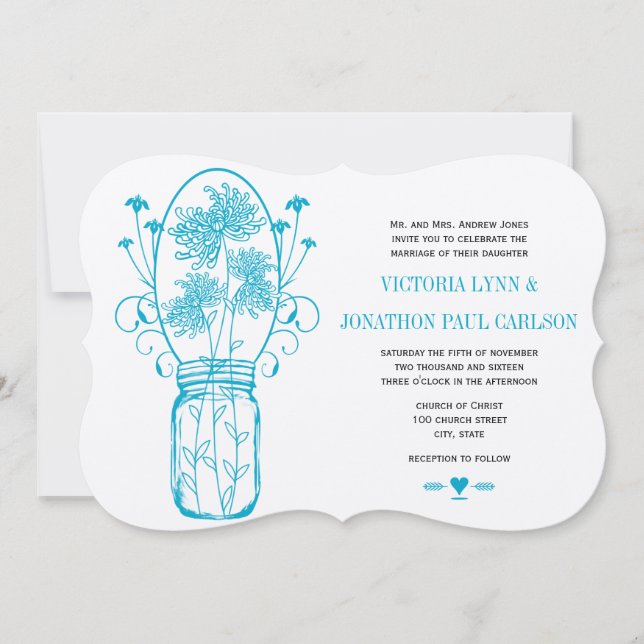 Aqua Ocean Blue Mason Jar Wild Flower Wedding Invitation (Front)
