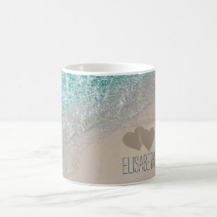 Aqua Ocean Sand Carved Hearts Add Name Coffee Mug