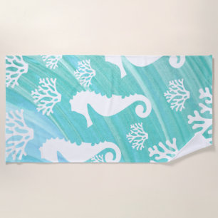 Aqua Ocean Seahorse Coral  Beach Towel