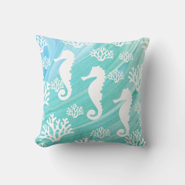 Aqua Ocean Seahorse Coral Sealife Cushion (Front)