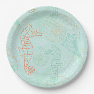 Aqua Ocean Seahorse Motif Paper Plate