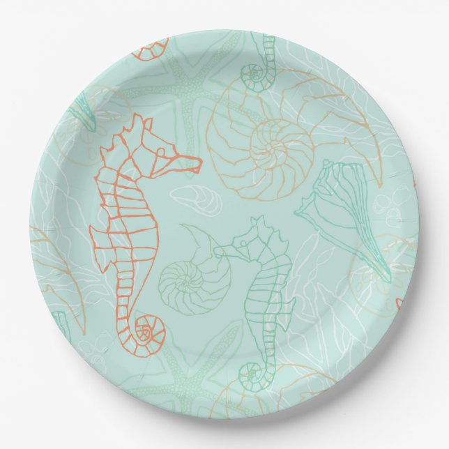 Aqua Ocean Seahorse Motif Paper Plate (Front)