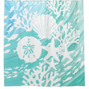 Aqua Ocean Seashells Fish Coral  Shower Curtain