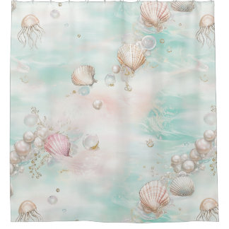 Aqua Ocean Waves & Seashell Pattern (11) Shower Curtain