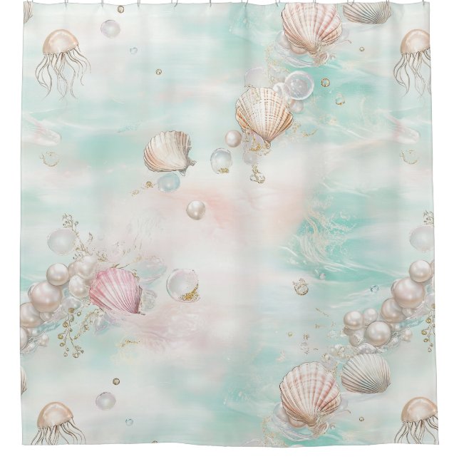 Aqua Ocean Waves & Seashell Pattern (11) Shower Curtain (Front)