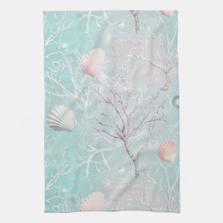 Aqua Ocean Waves & Seashell Pattern (14) Tea Towel