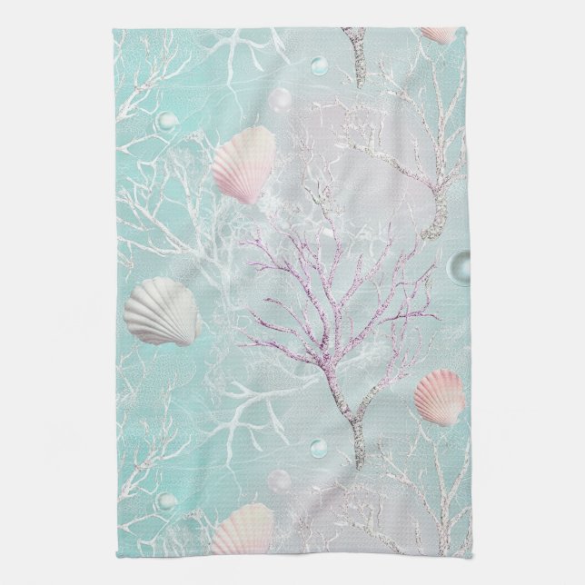 Aqua Ocean Waves & Seashell Pattern (14) Tea Towel (Vertical)