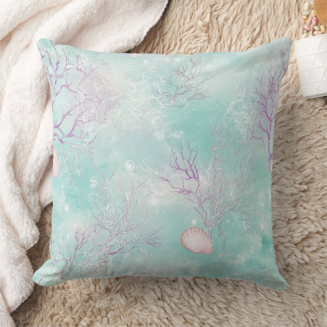 Aqua Ocean Waves & Seashell Pattern (16) Cushion (Blanket)