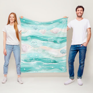 Aqua Ocean Waves & Seashell Pattern (3) Fleece Blanket