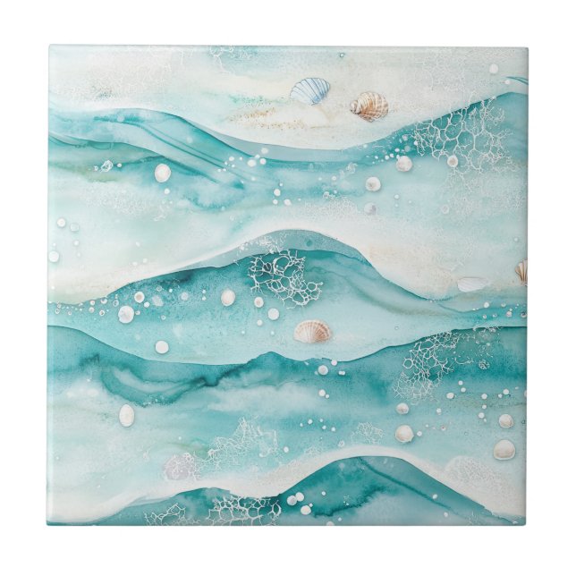 Aqua Ocean Waves & Seashell Pattern (5) Tile (Front)